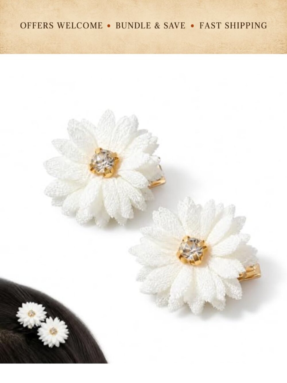 Daisy Hair Clips 2 Pc Rhinestone Floral Braided Hair Accessories for Party